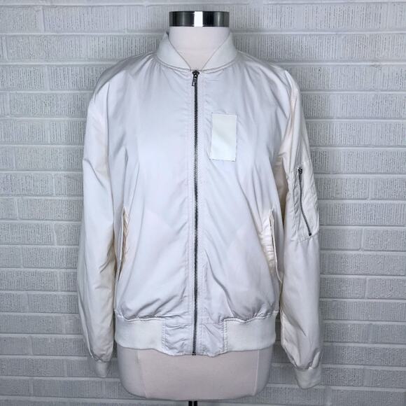 JOA Womens Large L Full Zip Bomber Jacket Cream Off White Casual Zippered Detail - Picture 1 of 7